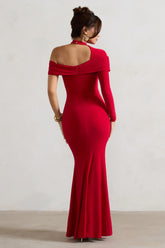 Red Asymmetric High-Neck Split Maxi Dress
